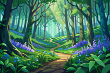 A Lush Green Forest With A Carpet Of Bluebells Covering The Forest Floor In Spring, Creating A Magical And Enchanting Scene
