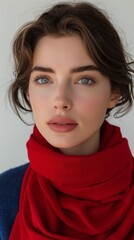 Canvas Print - A woman with a red scarf and blue sweater is looking at the camera, AI