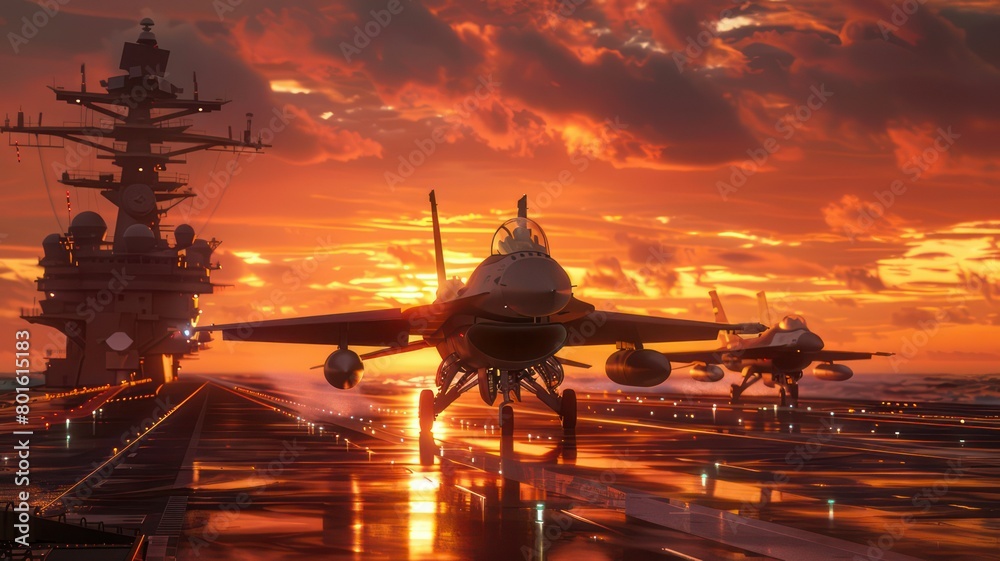 F16 fighter jets starting on an aircraft carrier at sunset created with ...