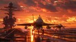F16 fighter jets starting on an aircraft carrier at sunset created with Generative AI