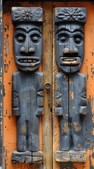 Wall Mural - Two wooden doors with carved faces on a painted orange door, AI