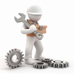 3D three-dimensional human, wearing a safety helmet, carrying a wrench on his shoulder, Carrying the toolbox with the left handï¼Œfront view, with two gears on the ground, representing a scene 