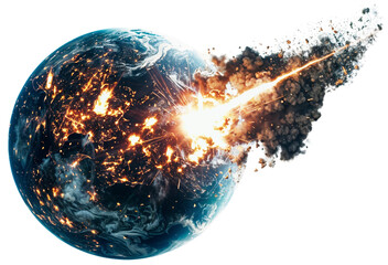 an asteroid is crashing into the earth and is destroying the planet in a giant explosion, isolated o