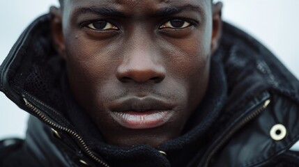 Poster - A close up of a man wearing a black jacket and scarf, AI