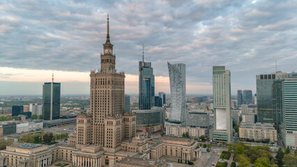 aerial view of the palace of culture and science in warsaw in poland at dawn in spring