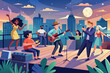 A group of friends attending a rooftop concert, dancing and singing along to live music with the city skyline as a backdrop