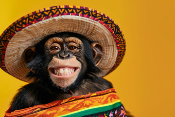 Sticker - a monkey portrait wearing a sombrero hat and mexican style clothing