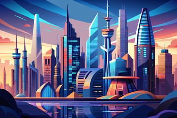 Poster - A futuristic cityscape with towering skyscrapers in 3D illustration
