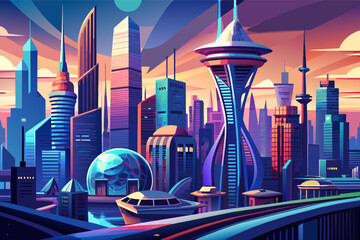 Poster - A futuristic cityscape with towering skyscrapers in 3D illustration