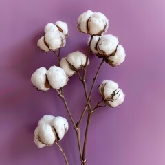 Wall Mural - A beautiful sprig of cotton on a purple background, a place for text. Delicate white cotton flowers.