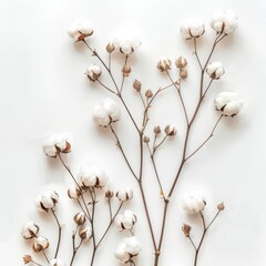 Wall Mural - A beautiful sprig of cotton on a white background, a place for text. Delicate white cotton flowers.