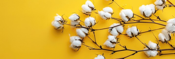 Wall Mural - A beautiful sprig of cotton on a yellow background, a place for text. Delicate white cotton flowers.