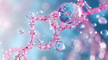 Wall Mural - Cosmetic Essence, Liquid bubble, Molecule inside Liquid Bubble on DNA water splash background, 3d rendering