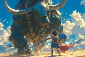 a little boy in armor faces an enormous minotaur, the minosian beast from greek mythology, on flat g