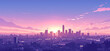 A purple sky with the sun rising over the city skyline