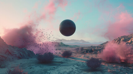 Wall Mural - A large black sphere is floating in the sky above a desert landscape