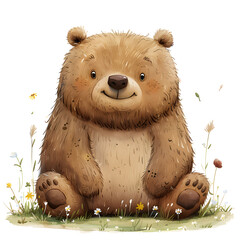 Wall Mural - Brown bear, carnivore, sits in grass, smiles with fur, snout, terrestrial animal