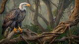 Fototapeta  - Realistic digital artwork of a Bald Eagle perched on twisted branches in a foggy, enchanted forest, evoking mystery and the wild's allure