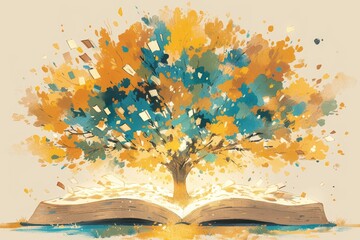 Wall Mural - A tree with leaves made of colorful books stands on an open book, symbolizing growth and development in education. 