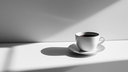 Wall Mural - A white coffee cup sits on a white plate on a table