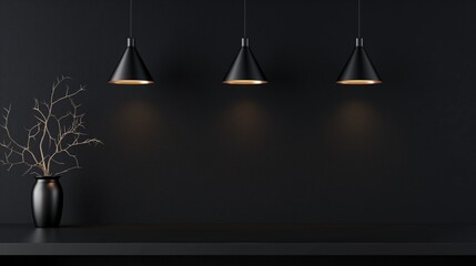 Lamps hanging from the ceiling with a black wall. Copy Space