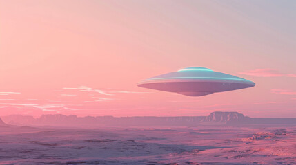 A large, blue and green UFO is flying over a desert landscape