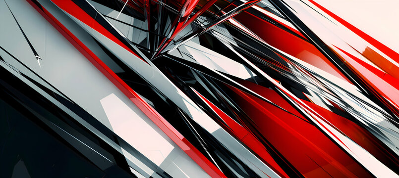 High-definition camera-like capture of a bold and dramatic abstract design featuring sharp angles and lines in red, black, and white