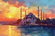 Vivid artistic illustration of Istanbul with mosque at sunset
