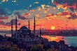 Landscape at the sunset of Istanbul, Turkey - mosque, bosphorus, anime style