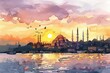 Sunset landscape of Istanbul, Turkey - mosque, bosphorus