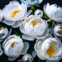 collection of white and silver sparkling buds and flowers against dark background. concepts: wedding, holiday themes, festive vibe, event planning, gala, corporate gathering, gift shops online stores