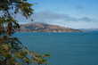 Serene body of water with sailboat, coniferous tree branches, hilly landscape, clear sky in potential San Francisco Bay view. Taken from Alcatraz Island.