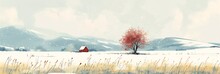 Snowy Landscape Red Tree Barn Middle Illustration Apple Blossoms Storybook Design Vignette Light Space Farm