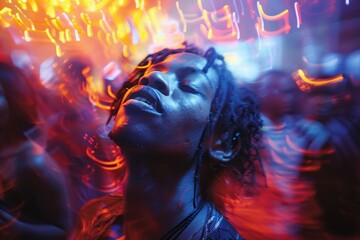 Wall Mural - A man with dreadlocks is dancing in a club with a group of people