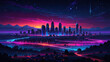 The landscape of a modern metropolis with neon glow at sunset under a starry sky