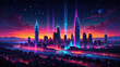 The landscape of a modern metropolis with a lake in front of the city in neon glow in the rays of the setting sun, the starry sky on which the moon is visible