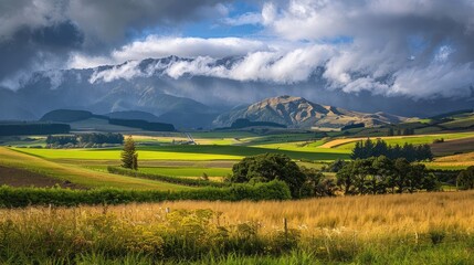 Wall Mural - New Zealand Countryside field mountain farmland sky cloud