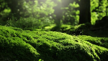 Wall Mural - dark nature view on forest landscape beautiful green moss under sunlight moss closeup macro beautiful nature background pattern wallpaper