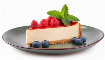 Wall Mural - piece of cheesecake with berries and mint isolated on transparent background