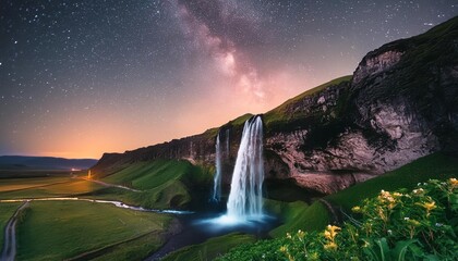 Wall Mural - waterfall at night under a beautiful milky way