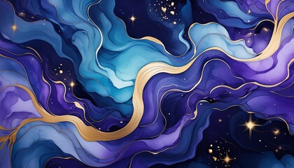 Poster - an abstract cosmic scene featuring swirling nebulae in shades of deep blue and purple with veins of gold metallic foil running through them mimicking a marbled texture stars dot the background