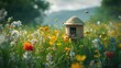 A serene scene of a beehive nestled among blooming wildflowers, illustrating the harmony and importance of bees in the ecosystem on World Bee Day.