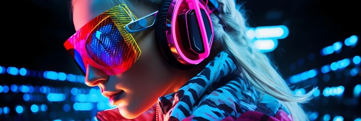 Stunning visual of a female dj embracing edm culture with colorful, futuristic eyewear and headphones, set against a vibrant, neon-lit backdrop, ideal for techno music and future fashion themes