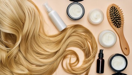 flat lay of hair care products and blonde wavy hair ai generated illustration