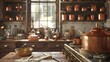 A serene scene of a fudge-making kitchen, with gleaming copper pots and utensils, capturing the artisanal process of crafting this beloved confection on National Fudge Day.