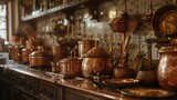 Fototapeta  - A serene scene of a fudge-making kitchen, with gleaming copper pots and utensils, capturing the artisanal process of crafting this beloved confection on National Fudge Day.