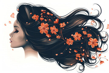 Wall Mural - Silhouette young female hairstyle with flowers, vector illustration, isolated on white backdrop.