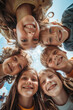 © Starmarpro - group portrait of happy kids huddling looking down to camera. High quality photo