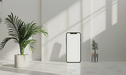 Poster - a scene where a handphone mock-up stands out against a white screen in a minimalist studio setup