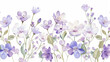 Seamless border watercolor spring flowers. Coppice, hepatica - first spring flowers. Spring lily of the valley Illustration of delicate lilac flowers. Hand drawn texture with white and violet flowers
